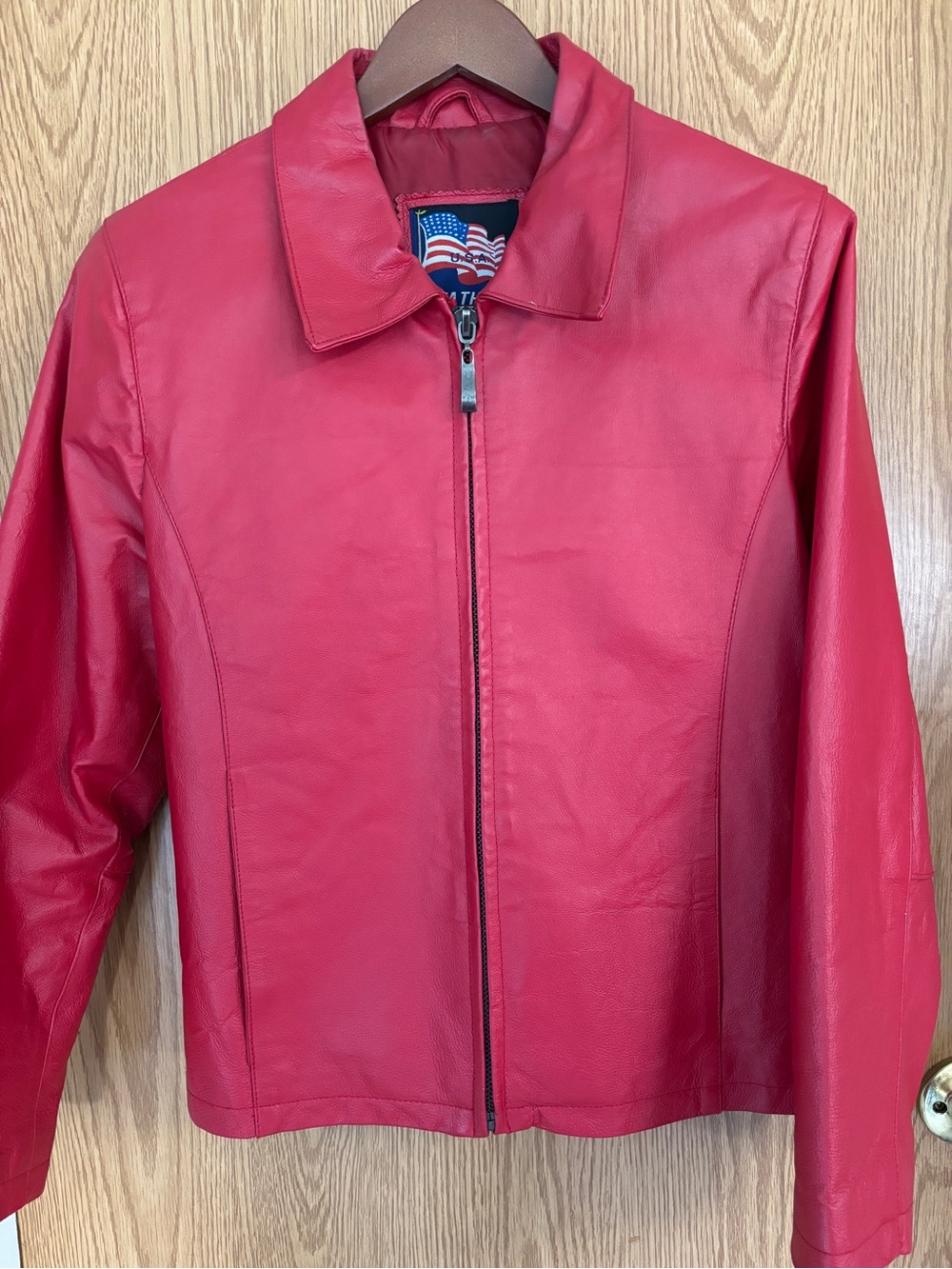 Women’s Red Leather Zip-Front Jacket - Classic Collared Style